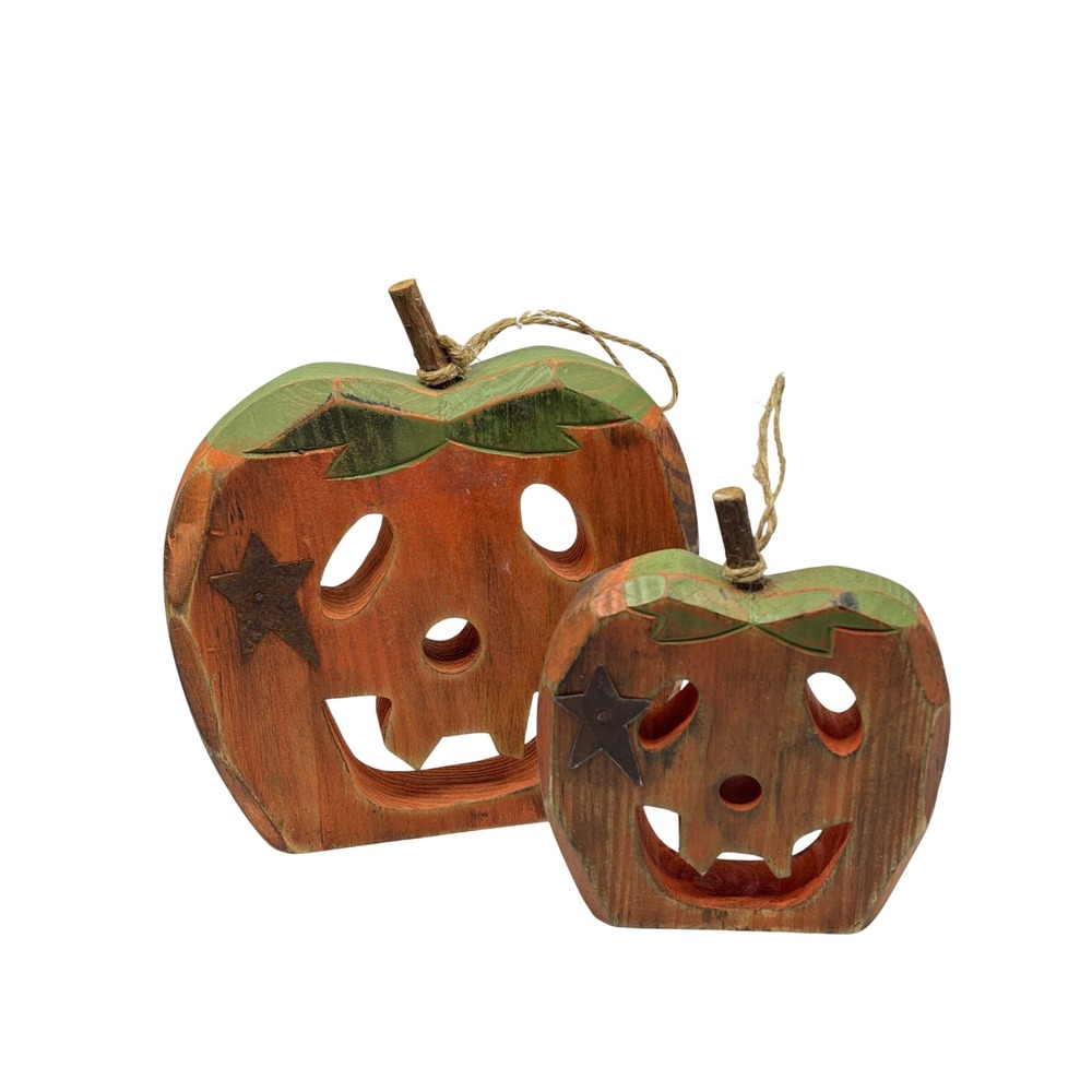 Rustic Wooden Jack-O-Lantern Pumpkin Set 2 Halloween Fall Decor Primitive 6 Inch